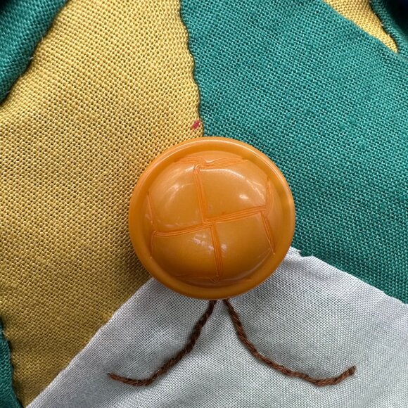 Handmade Patchwork Teddy Bear Button Eyes Noses Green Yellow Kitschy Retro - Picture 7 of 8